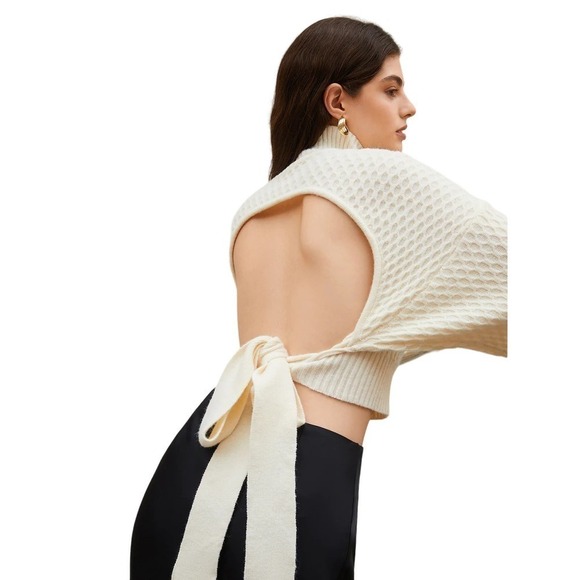 Mock Neck Sweater tie open back oversized honeycomb knit pattern Beige Size 4 - Picture 3 of 6